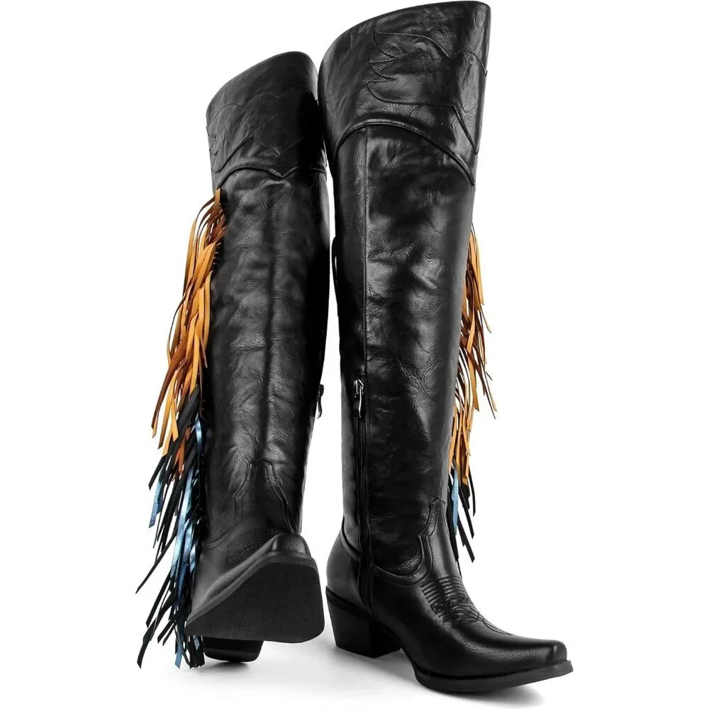 Women Black Polyurethane Pointed Toe Fringe Adjustable Thigh High Cowgirl Boot